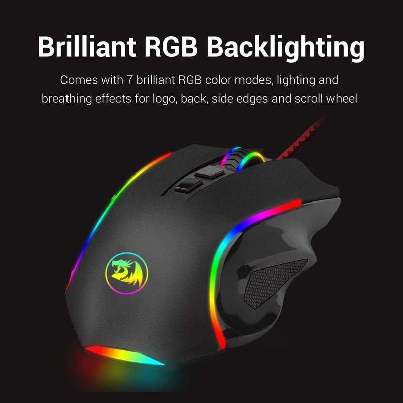 Redragon M602 RGB Wired Gaming Mouse RGB Spectrum Backlit Ergonomic Mouse Griffin Programmable with 7 Backlight Modes up to 7200 DPI for Windows PC Gamers (Black) Black