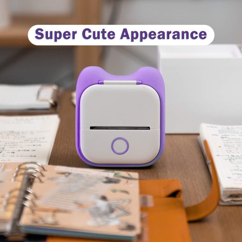 Memoking T02 Protective Case-Cat Ears Shape Soft Silicone BPA-Free Cute Design Printer Cover, Compatible with T02 Mini Bluetooth Wireless Portable Mobile Pocket Printer, Purple Cat