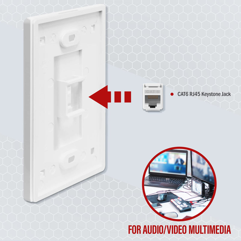 ENERLITES Port Screwless Wall Plate with CAT6 RJ45 Keystone Jack Module, for Voice/Data & Audio/Video Multimedia, Standard Size 1-Gang 4.69" x 2.93", SI8871C-W, White Screwless 1-Port 1 CAT6