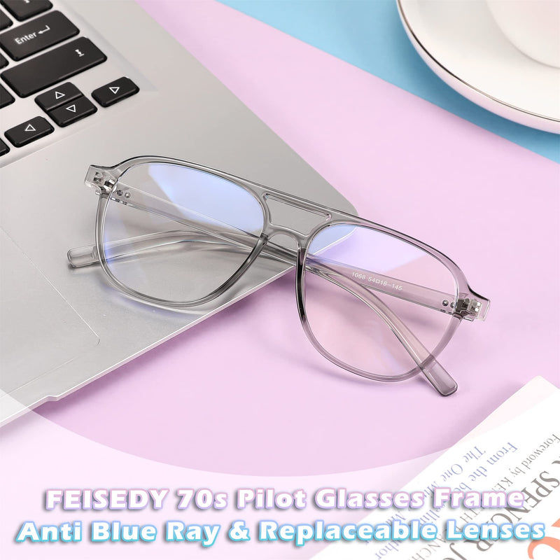 FEISEDY 70s Pilot Glasses Frame Blue Light Blocking Glasses Oversized Square Computer Glasses Women Men B2387 Clear Grey Frame 54 Millimeters