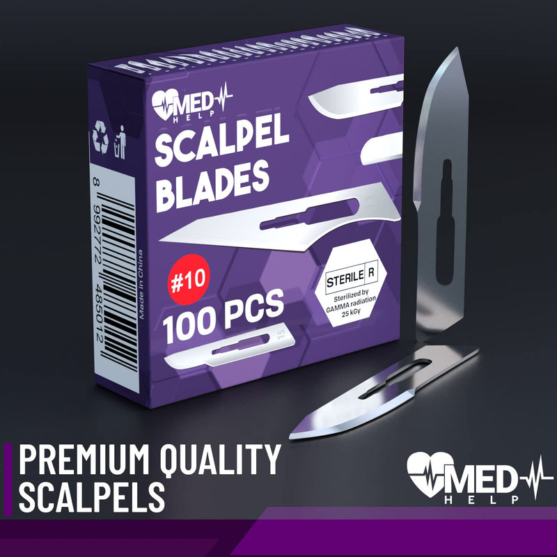 MedHelp Pack of 100 Disposable Scalpel Blades #10, Size 10 Surgical Blades, High Carbon Steel Dermaplane Blade Tool. Individually Wrapped #10 Scaple Blade, Sterile