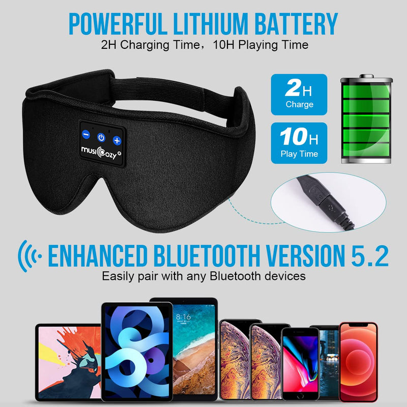MUSICOZY Sleep Headphones Bluetooth 5.2 Headband Sleeping Headphones Sleep Eye Mask, Wireless Music Earbuds Earphones for Side Sleepers Men Women Air Travel Cool Tech Gadgets Unique Black