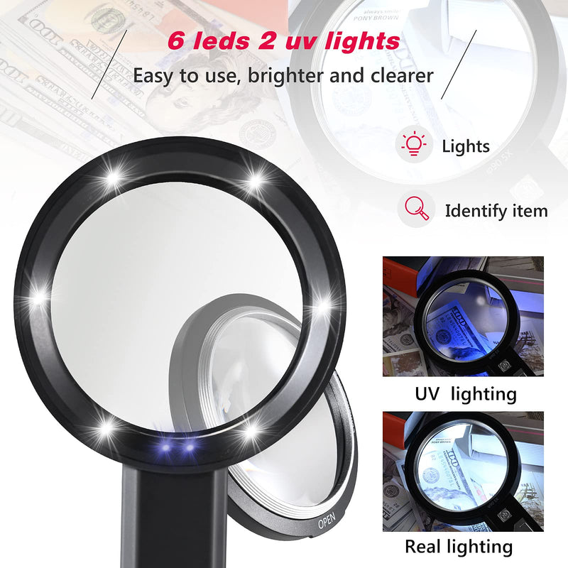 Magnifying Glass with Light, USB Rechargeable 5X 10X 15X Handheld Large Double Lens Loupe Magnifier with 8 Light for Macular Degeneration, Seniors Reading, Inspection, Map, Coins, Jewelry, Exploring