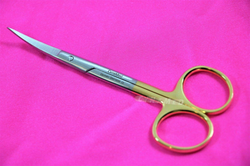Premium German Iris Supercut Micro Dissecting Scissors Curved 4.5" with Tungsten Carbide Inserts Gold Handle (Curved Blades) CURVED BLADES