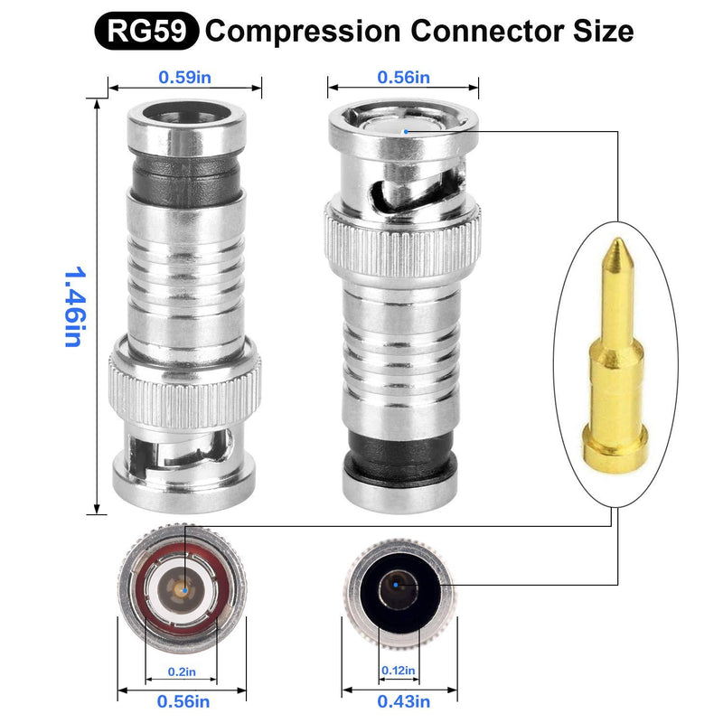 BNC Compression Connector,RG59 Crimper Video Plug Extension Coaxial Siamese Cable Connectors Coax Crimper Adapter 20PCS 75 Ohm Coupler with Copper Pin for CCTV Home Security Camera Antena System