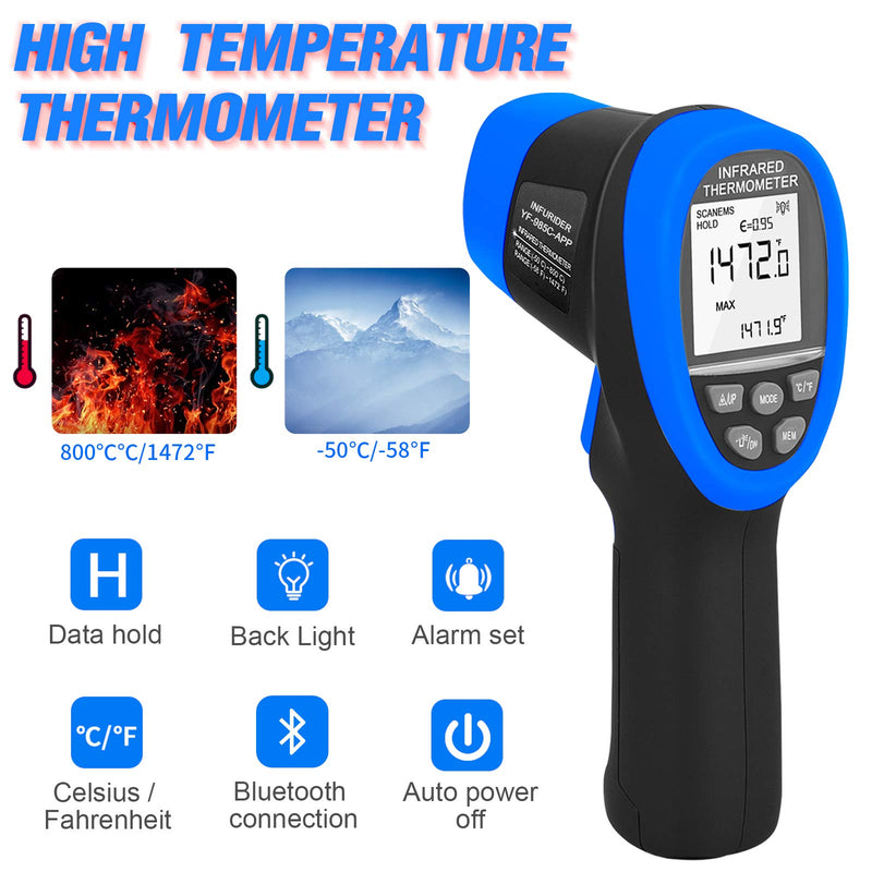 Digital Infrared Thermometer YF-985CAPP Non Contact Temperature Gun -58℉-1472℉ Pyrometer 16:1 Accurate IR Thermometer with Wireless Bluetooth,Backlight for Industry Kiln Forge【Not for Human】 985CAPP(With Bluetooth)