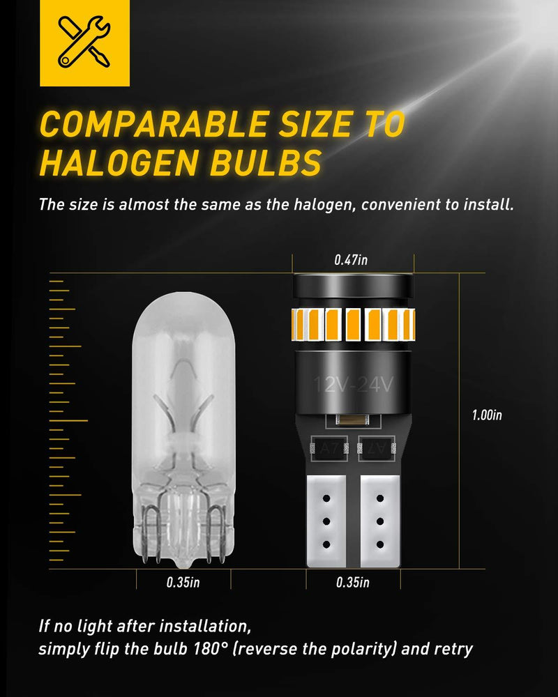 AUXITO 194 LED Light Bulb, Amber Yellow 168 2825 W5W T10 Wedge 24-SMD 3014 Chipsets LED Replacement Bulbs for Car Dome Map License Plate Lights (Pack of 10)