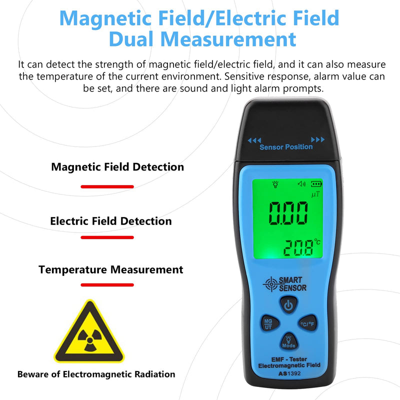 Smart Sensor AS1392 EMF Mini LCD Display Digital Electromagnetic Radiometer Tester for Home EMF Inspections/Office/Outdoor 0~2000mG (Without Battery)