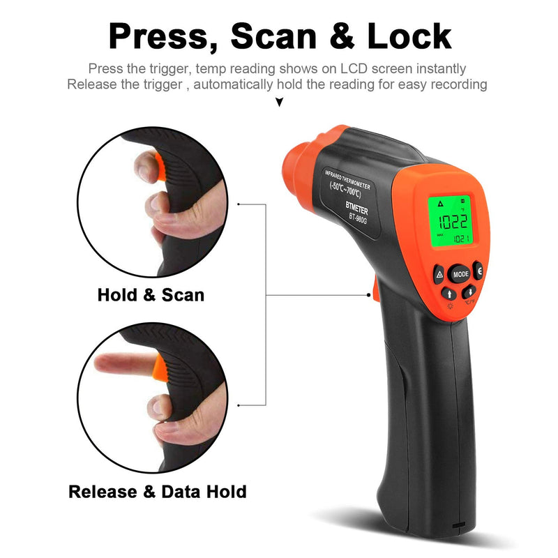 BTMETER 980G Non-Contact Digital Infrared Thermometer-16:1 High IR Laser Temp Gun for Kitchen Cooking Grilling Automotive (-58℉-1292℉) (NOT for Human Temp) BT-980G(-50~700℃, D:S 16:1)