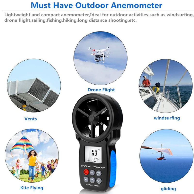 Digital Wireless Anemometer with APP via Bluetooth, Handheld Wind Speed Meter Wind Gauge for Measuring Wind Velocity/Temperature with Backlit, Max/Min/Avg(INFURIDER YF-866APP)