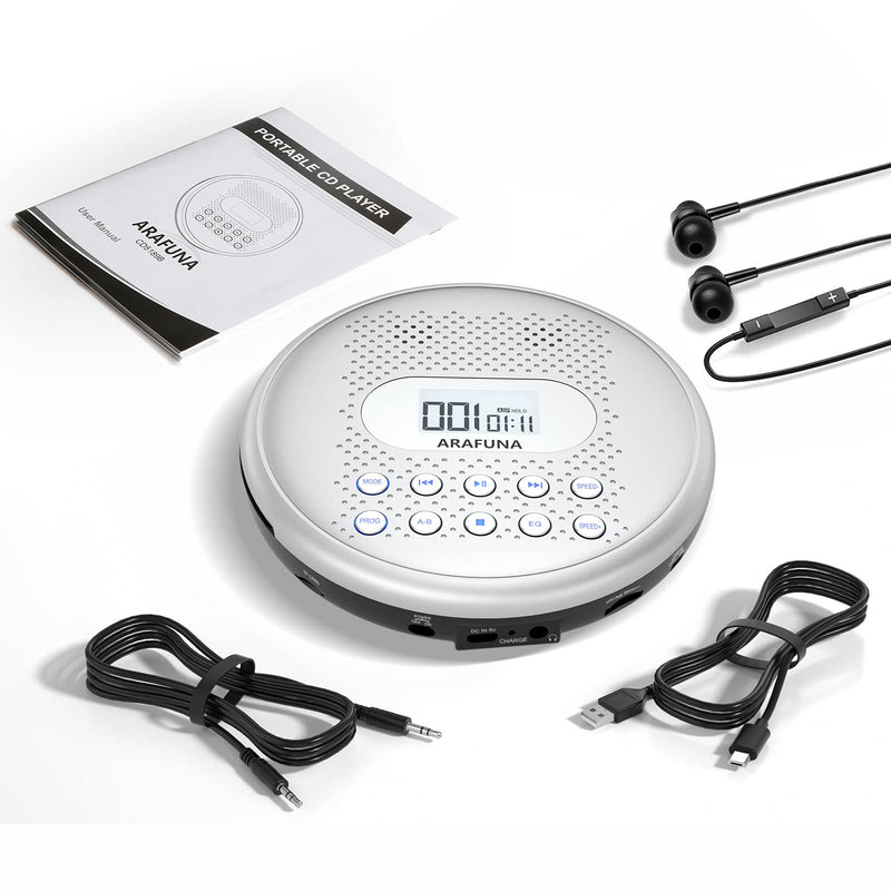 CD Player Portable, ARAFUNA Rechargeable Portable CD Players for Car with Speakers, Anti-Skip Walkman CD Player with Backlit Button, LCD Display and AUX Cable