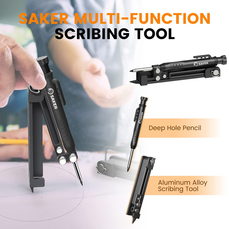Saker Multi-function Scribing Tool- Construction Pencil- Aluminum Alloy Scribe Tool with Deep Hole Pencil,DIY Woodworking Scribe Gauge Scriber Line Maker Measuring Tool (5 Inch)