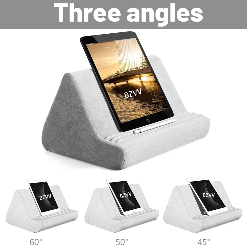 Soft Tablet Stand Pillow with Pocket,Tablet Cushion Stand,Adjustable 3 Viewing Angle,Lazy Holder Stand for Bed Sofa,Compatible with iPads Tablets eReaders Smartphones Books Magazines (Grey) Grey