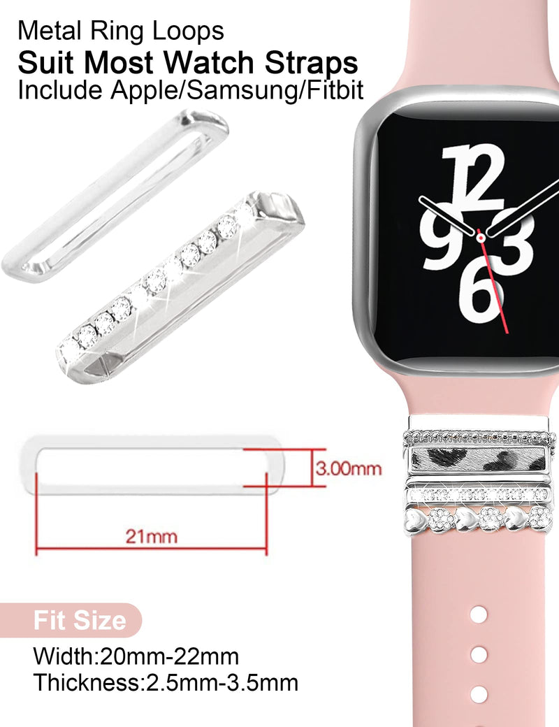 JR.DM 13 Piece Silver Apple Watch Charms With 10-Pcs Decorative Rings Loops & 3-Pcs Classic Clasp, Compatible With Smart Watch 38mm 40mm 41mm 42mm 44mm 45mm Metal Diamond Sliding Strap Accessories for iWatch Series 8 7 6 5 4 3 2 1 (No Watch Band)