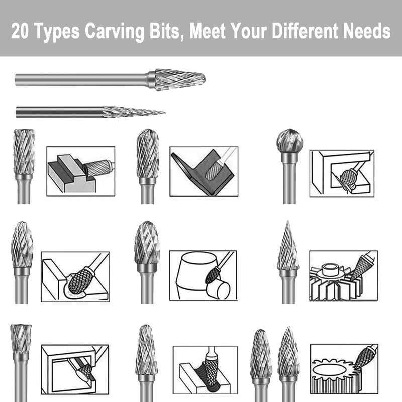 HOMEIDOL Carbide Double Cut Carving Bits Compatible with Dremel, 20 Pcs Rotary Burr Set with 1/8” Shank Cutting Burrs Tool for Die Grinder Drill, Engraving, Metal Carving, Drilling, Polishing 3mm+6mm burr head