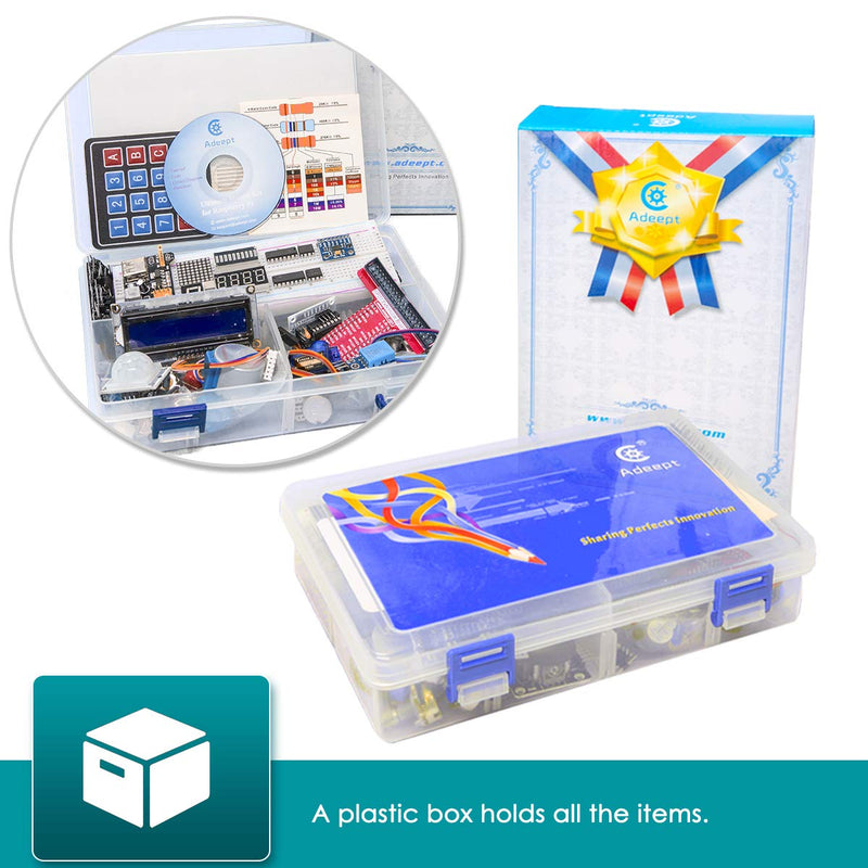 Adeept Ultimate Starter Kit for Raspberry Pi 4 3 2 Model B B+ Python C Code, LEDs, Sensors, ADXL345 GPIO Cable DC Motor Learn Electronics and Programming for Beginners Ultimate Starter Kit for RPi