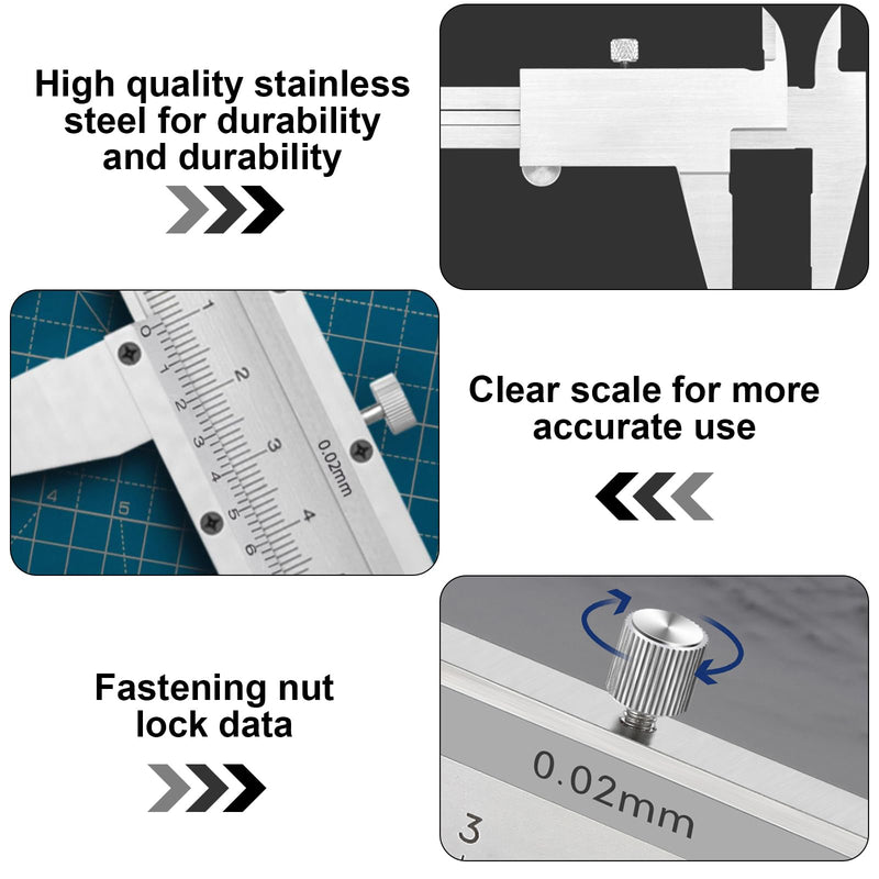 Stainless steel caliper, 150 mm precision caliper with locking screw, splash-proof and dust-proof caliper for household and industrial measurement silver