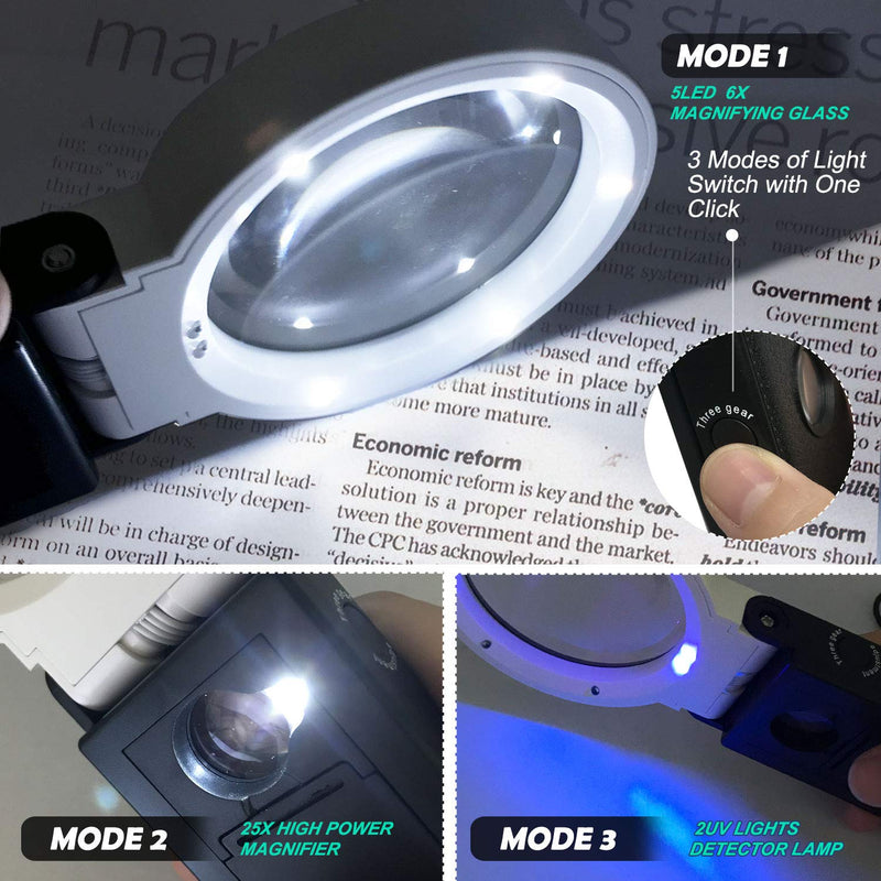 Magnifying Glass with Light and Stand Hands Free, LED Lighted Magnifier Adjustable Folding, Illuminated Magnifying Glass Portable for Reading, Exploring, Hobbies & Crafts 6X 25X