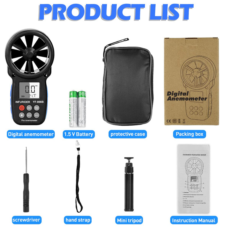 Anemometer Handheld,Digital Wind Speed Meter Anemometer w/Wind Velocity&Wind Temp Measurement,Wind Gauges Airflow Tester for HVAC CFM Shooting Drone(INFURIDER YF-866B)