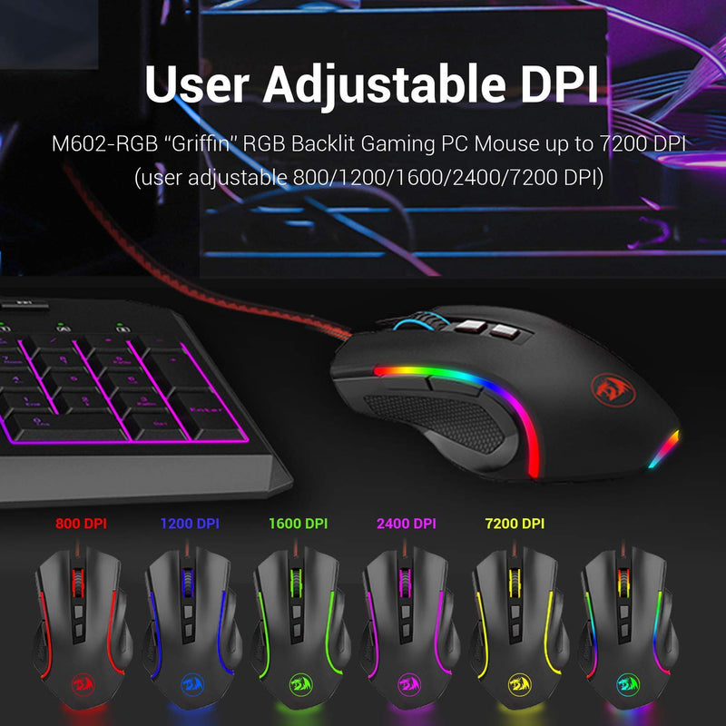Redragon M602 RGB Wired Gaming Mouse RGB Spectrum Backlit Ergonomic Mouse Griffin Programmable with 7 Backlight Modes up to 7200 DPI for Windows PC Gamers (Black) Black