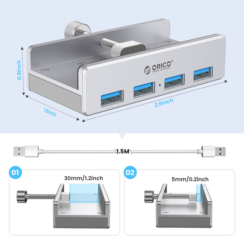 ORICO USB 3.0 Hub Clamp Adapter, Aluminum 4-Port USB Splitter with Extra Power Supply Port and 4.92 FT USB Data Cable, Ultra-Portable USB Expander for MacBook Air/Laptop/PC Sliver