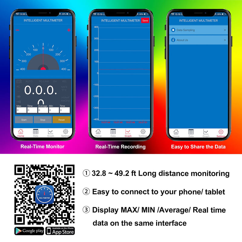 Bluetooth APP Digital Multimeter - BTMETER BT-90EPD Auto Ranging Multi-Tester 4000 Counts Data Logging on Mobile Phone for AC/DC Voltage Current Resistance Temperature
