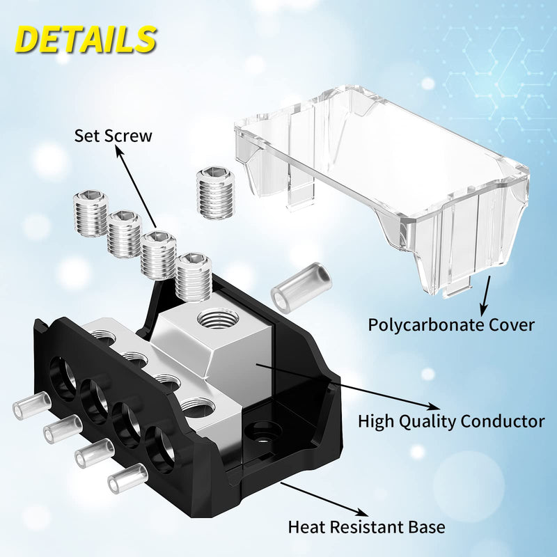 Joinfworld 4 Way Power Distribution Block Car Audio 0/2/4 Gauge Input 4/8/10 Gauge Output Amp Ground Distribution Block Splitter for Amplifier Auto Car Boat