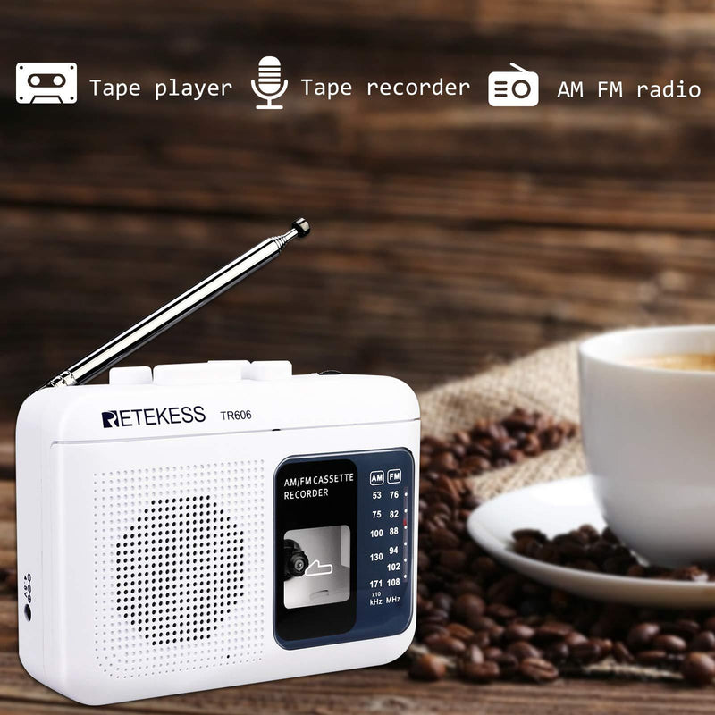Retekess TR606 Portable Cassette Players Recorders, AM FM Radio Tape Player, Powered by DC or AA Battery with Recorder and AUX Input (White)