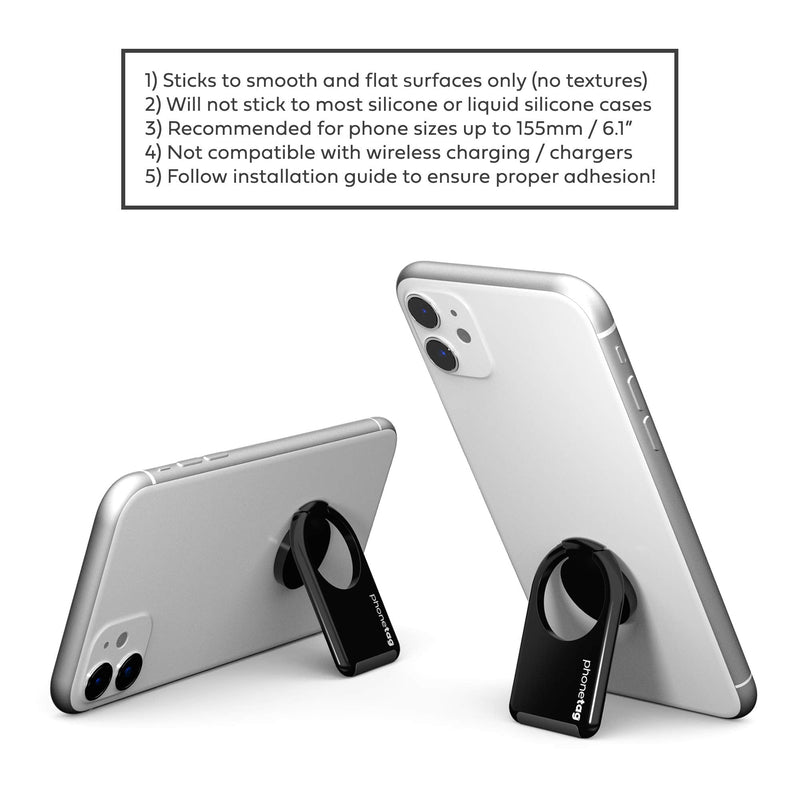 phonetag - Mobile Cell Phone Kickstand (Adjustable Angle, Portrait and Landscape Stand), Finger Ring Grip Holder, for Magnetic car mounts, Compatible with Most Smartphones (Black) Black