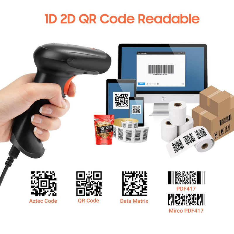 Tera Wireless 2D QR Barcode Scanner with Stand 3 in 1 Bluetooth 2.4GHz USB Wired Connect Smartphone Tablet PC with Vibration Alert Black Model HW0002