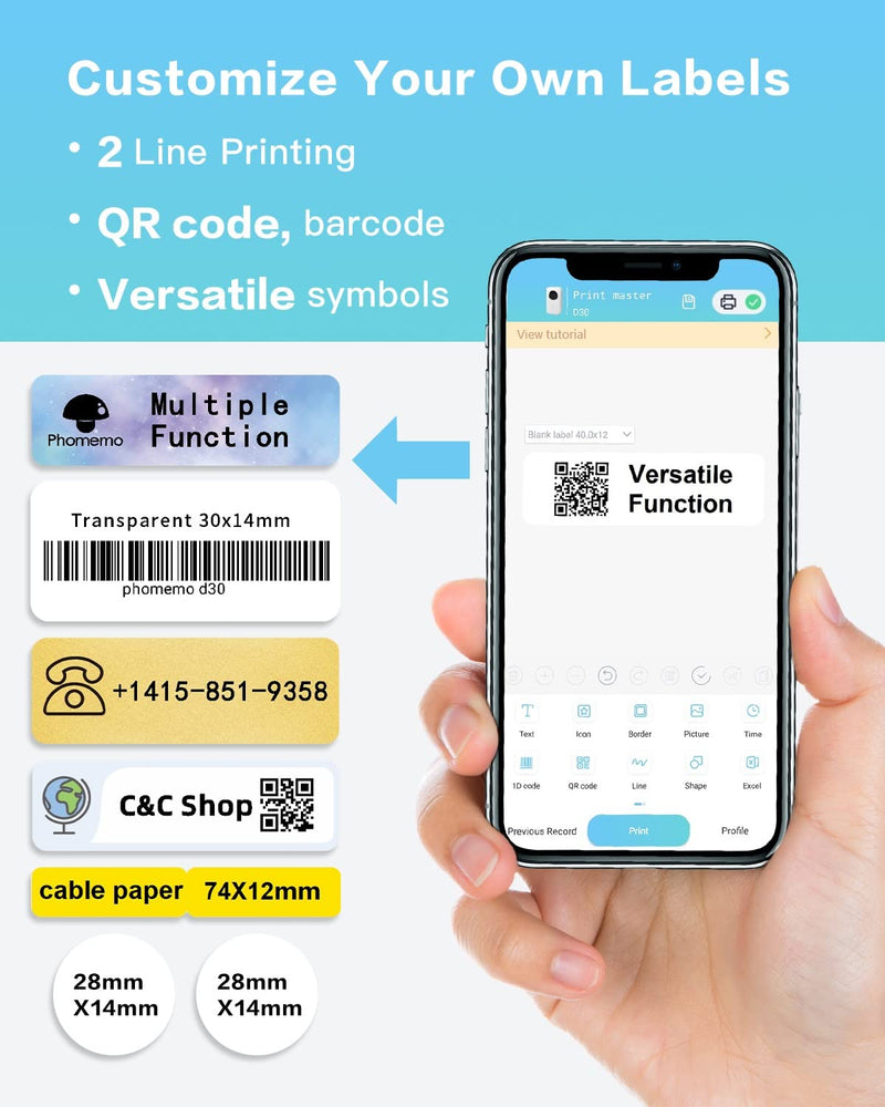 Label Maker Machine with Tape-Phomemo D30 1/2 Inch for Office Home Edit Organization Fonts Customizable Bluetooth for Android iOS Small Simple, Gift for Friends,Kids,Family Rechargeable White