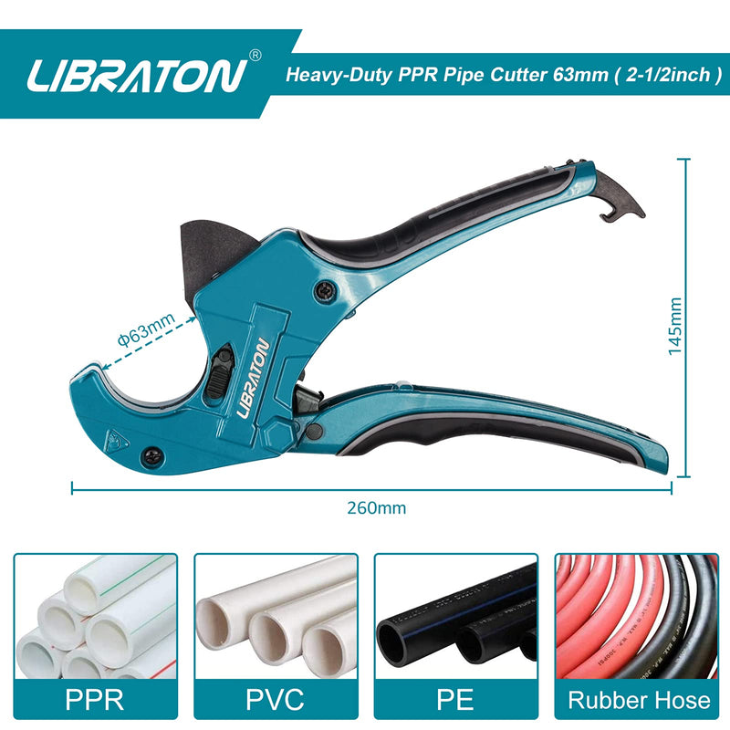 Libraton PVC Cutter, Up to 2-1/2", PVC Pipe Cutter 2 Inch, ABS Pipe Cutter, Ratchet Pipe Cutter Heavy-Duty, Pex Cutting Tool, PEX Pipe Cutter for Cutting PEX, PVC, PPR Plastic Hoses and Plumbing Pipe