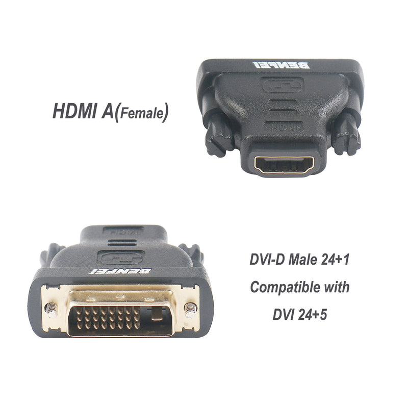 DVI to HDMI, Benfei Bidirectional DVI (DVI-D) to HDMI Male to Female Adapter with Gold-Plated Cord 2 Pack