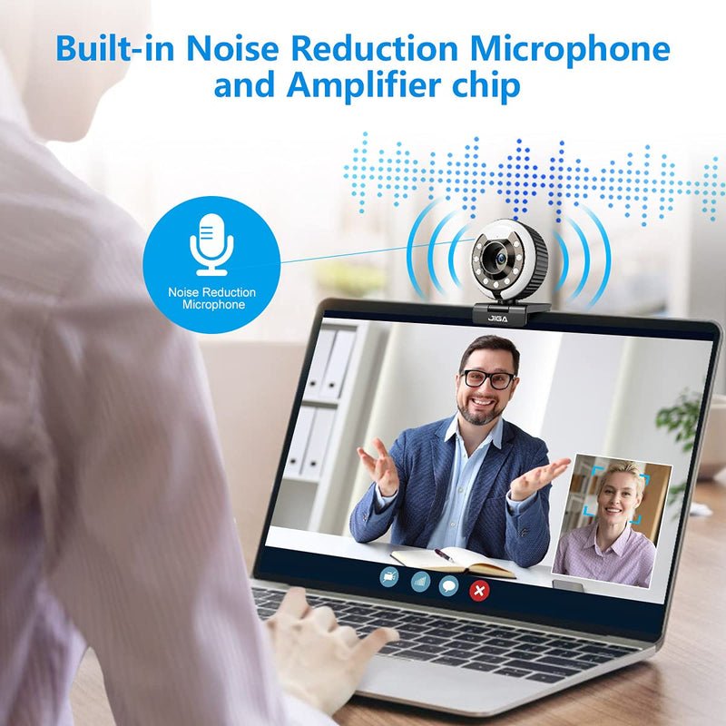 1080P Webcam with Microphone and Light Auto-Focus Play and Plug JIGA Streaming Web Camera for YouTube, Skype, Zoom, Twitch, OBS, Xsplit and Video Calling 3 Adjustable Color Light with Metal Tripod