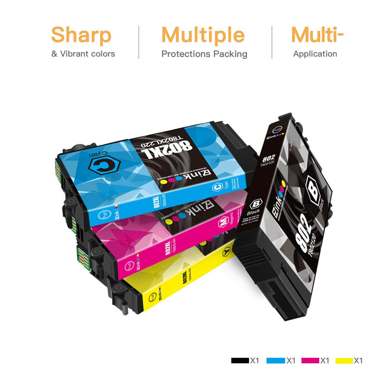 E-Z Ink (TM) Remanufactured Ink Cartridge Replacement for Epson 802XL 802 T802XL T802 to use with Workforce Pro WF-4740 WF-4730 WF-4720 WF-4734 EC-4020 EC-4030 (1 Black, 1 Cyan, 1 Magenta, 1 Yellow)