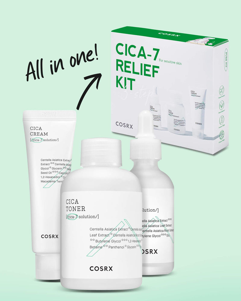 COSRX CICA-7 Relief Kit | TSA Approved Travel Size, Gift Set | Pure Fit CICA Trial | Toner, Serum, Cream | Centella Asiatica, Sensitive Skin, Soothing, Moisturizing