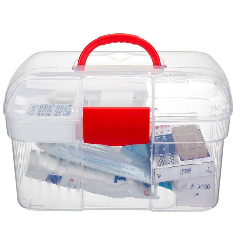 MyGift Red First Aid Clear Container Bin/Family Emergency Kit Storage Box w/Detachable Tray