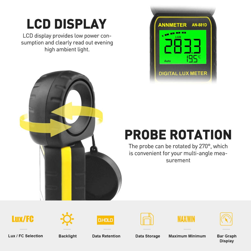 ANNMETER AN-881D Digital Illuminance Meter, Lux Meter with 0.01-400,000 Lux (0.01-40,000 FC) Foot Candle Measuring Ranges, Light Meter for Plants, Par Meter with 270°Rotatable Detector AI-881D Illuminance Meter Range 0.1~400,000Lux
