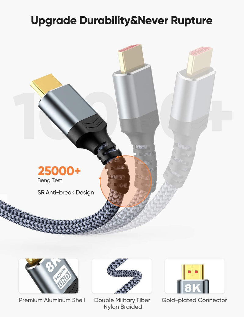 8K HDMI 2.1 Cable 48Gbps 6.6FT/2M, Highwings Ultra High Speed HDMI Braided Cord-4K@120Hz 8K@60Hz, DTS:X, HDCP 2.2 & 2.3, HDR 10 Compatible with Roku TV/PS5/HDTV/Blu-ray 6.6 feet