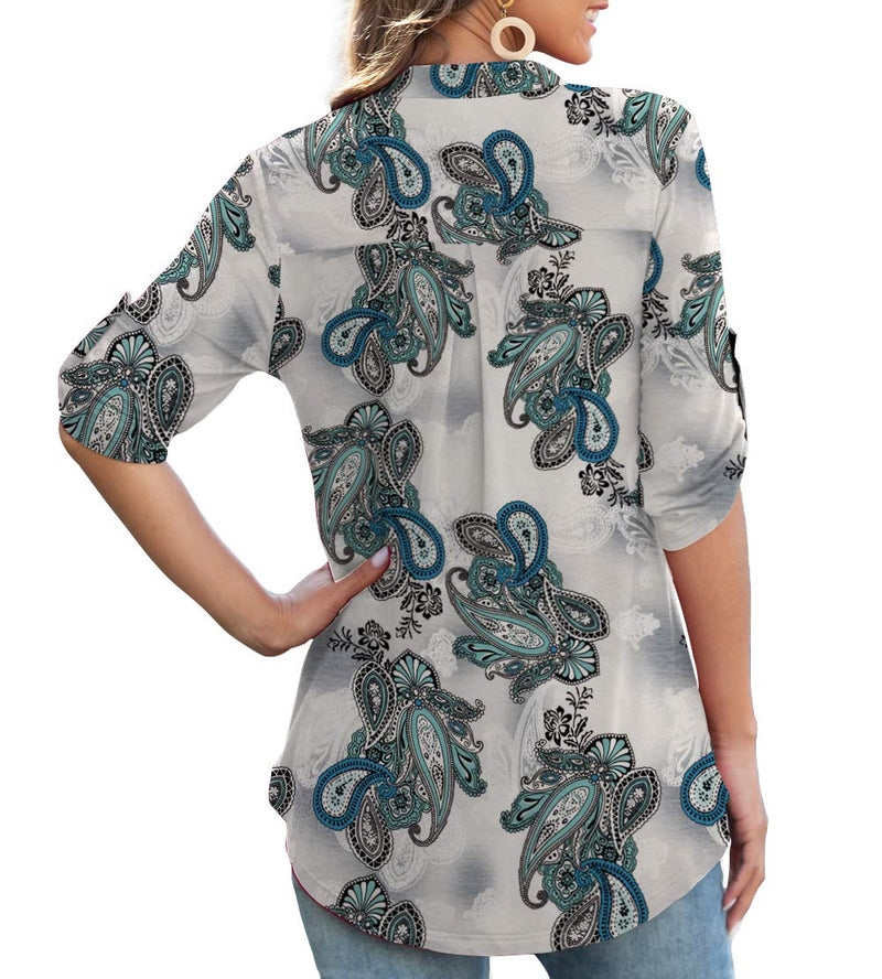 Othyroce Womens Floral Printed Tunic Tops 3/4 Roll Sleeve V Neck Blouses Long Sleeve Shirts for Women Medium 3/4 Sleeve Blue Flower