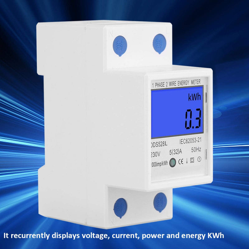 Electric Energy Meter, 5-32A 110-230V AC 50(60) Hz Single Phase Multi Function Watt Hour Meter with Multi Value LCD Display, Multipurpose KWh Voltage Current Power Meter, 35mm DIN Rail Mount