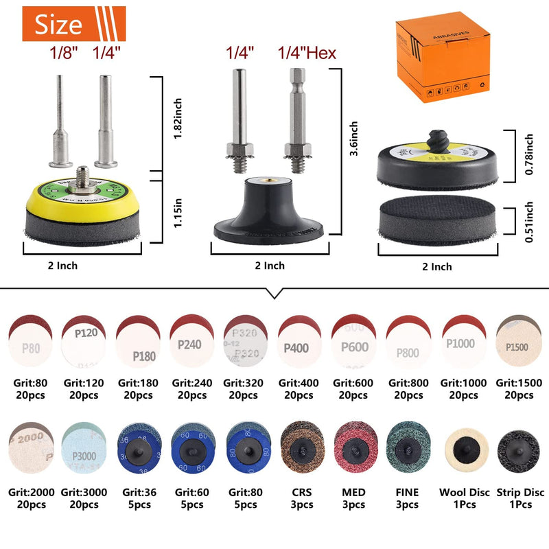 Tshya Pack of 270 sanding discs 50 mm Velcro for drills and grinders with 3 mm and 6 mm shaft support plate, including 2 inch roll lock sandpaper in 36-3000 grit
