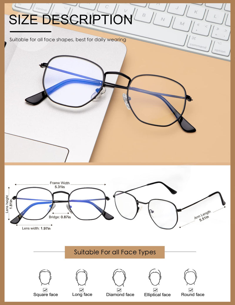 NSSIW Blue Light Blocking Glasses Hexagonal Frame for Women Men, Blue Ray Gaming Glasses with Anti Eye strain and UV Glare A1 Black