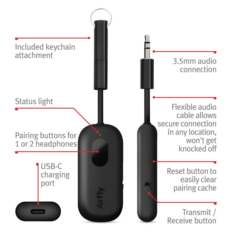 Twelve South AirFly Pro Bluetooth Wireless Audio Transmitter/Receiver for up to 2 AirPods/Wireless Headphones; Use with Any 3.5 mm Audio Jack, Black