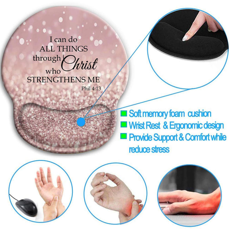 Mouse Pad Wrist Rests Support, Non Slip Mousepads with Gel Cushion Wrist Support, & Cute Coasters Bible Philippians 4-13 I can do All Things Through Christ who Strengthens me(Rose Gold Glitter)