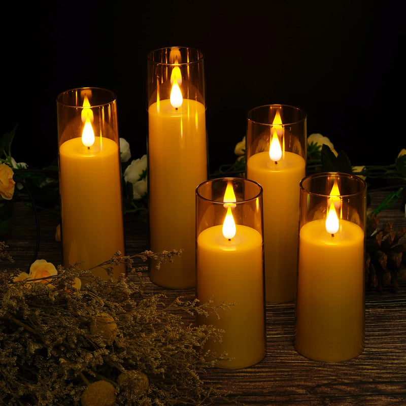 Amagic Acrylic Flameless Candles, Battery Operated Candles, Flickering LED Pillar Candles with Remote Control and Timer, 3D Wick, Gold, Set of 5