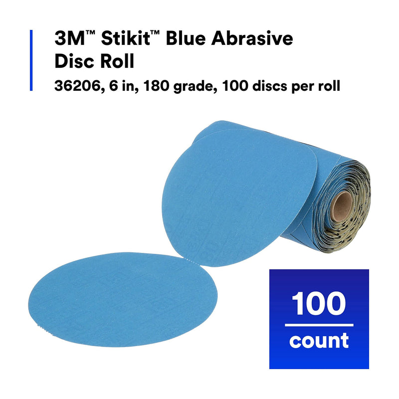 3M Stikit Blue Abrasive Disc Roll 36206, No Hole, Body Repair, Featheredging, 180 Grade, 6 in, 100 Discs/Roll