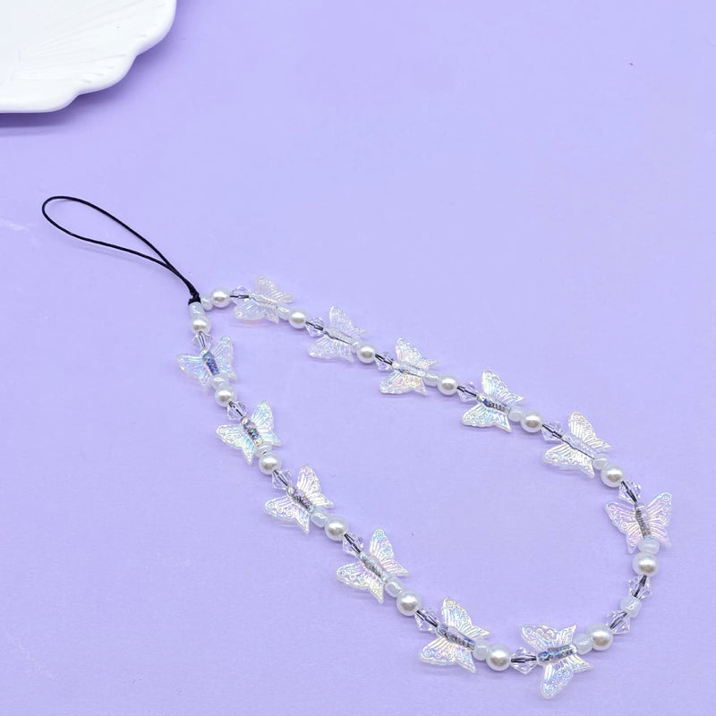1-2 PCS Natural Stone Cell Phone Lanyard Strap Charms- Handmade Colorful Beaded Butterfly Charms for Women Girl, Rainbow Keychain white