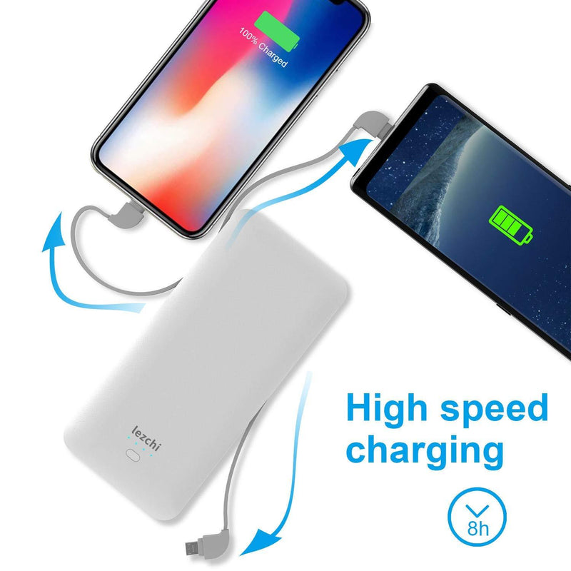 Portable Power Bank, Ultra Slim 10000mAh Portable Charger, USB C External Battery Pack with Built-in AC Plug, Charging Cable, Output Port, Compatible with All Kinds of Cellphones … White