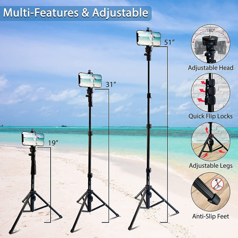 Fugetek 51" Professional Selfie Stick & Tripod, Phone Holder, Extendable, Bluetooth Remote, Portable All in One, Heavy Duty Aluminum, Compatible with iPhone & Android Devices, Non Skid Feet, Black